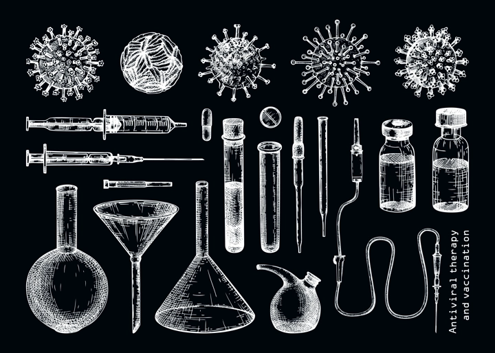Antiviral therapy and vaccination set. Hand drawn vector illustrations. Vaccine in bottles, laboratory equipment, different virus sketches. Medical design elements. Covid-19 drawing on chalkboard